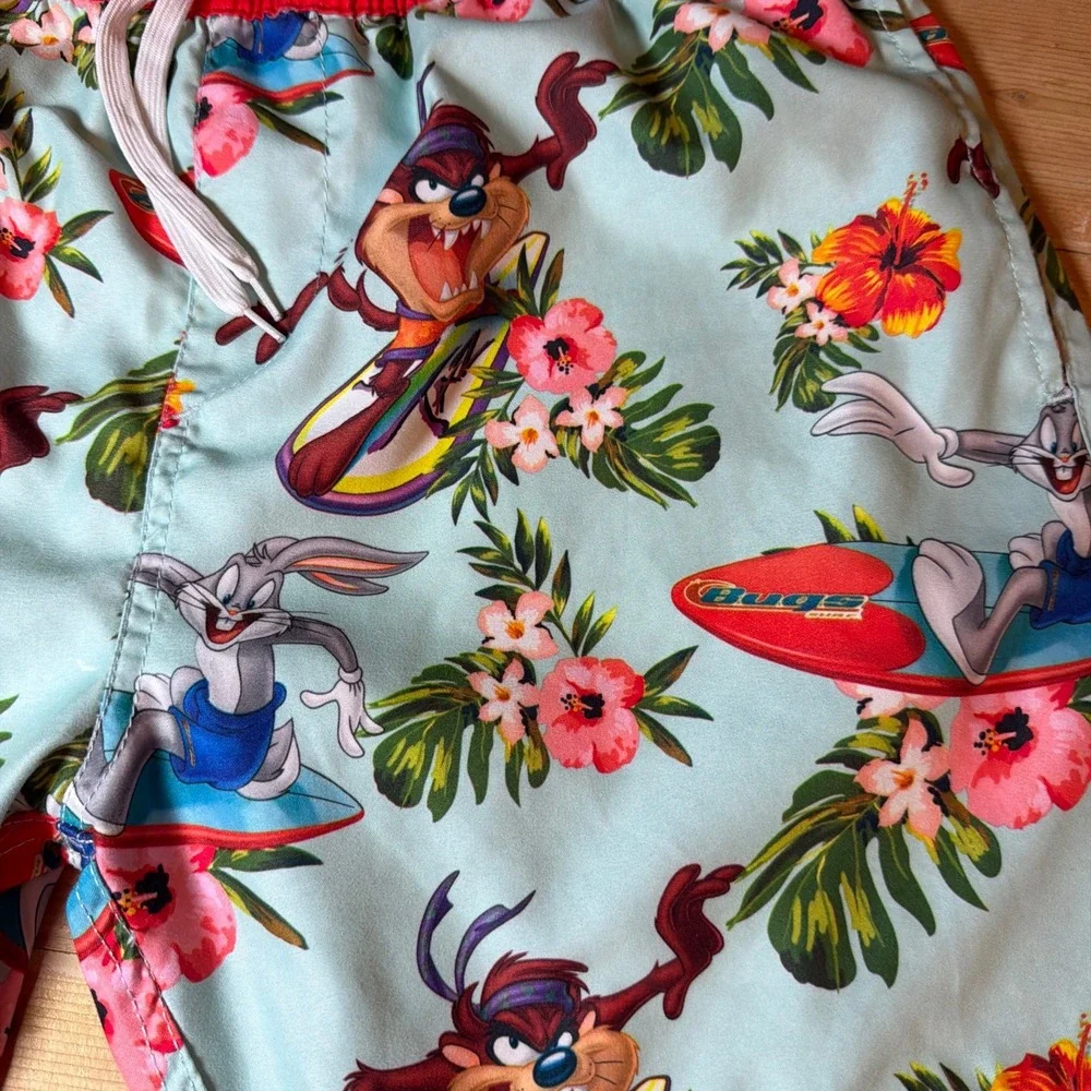 Looney Tunes Mens Bugs‎ Bunny Tasmanian Devil Tropical Swim Trunks Blue Red 36